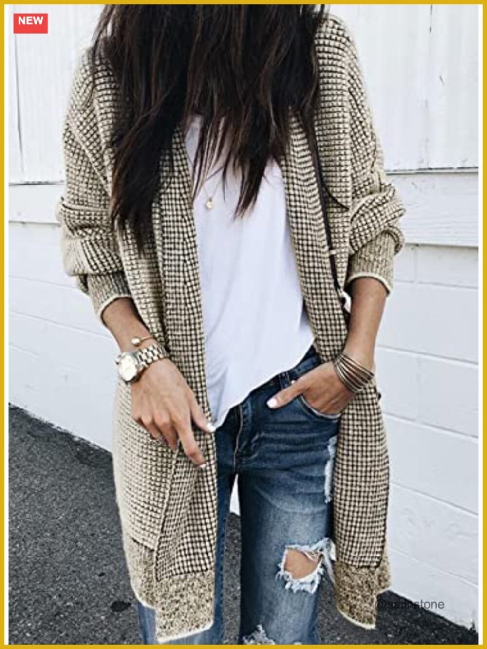 Oversized Checkered Chunky Knit Cardigan Long Sleeve Open Front Coat - Picture 3 of 7